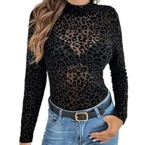 Sheer Leopard Print Long Sleeve Top - Black